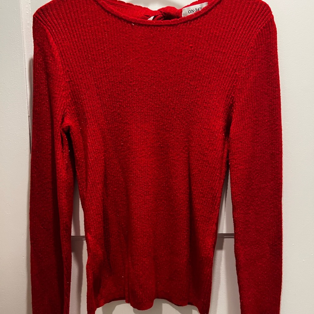 Women's Glittered Red Crewneck Sweater - Sleek Ribbed Knit